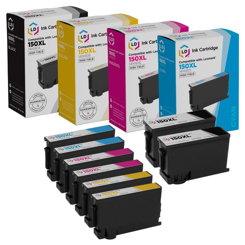 LD Products Compatible Ink Cartridge Replacements for Lexmark 150XL High Yield (2 Black, 2 Cyan, 2 Magenta, 2 Yellow, 8-Pack) for use in Pro715, Pro915, S315, S415, S515 - Image 1